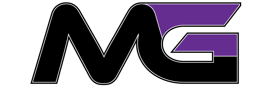 A purple and black logo with the letter mg.